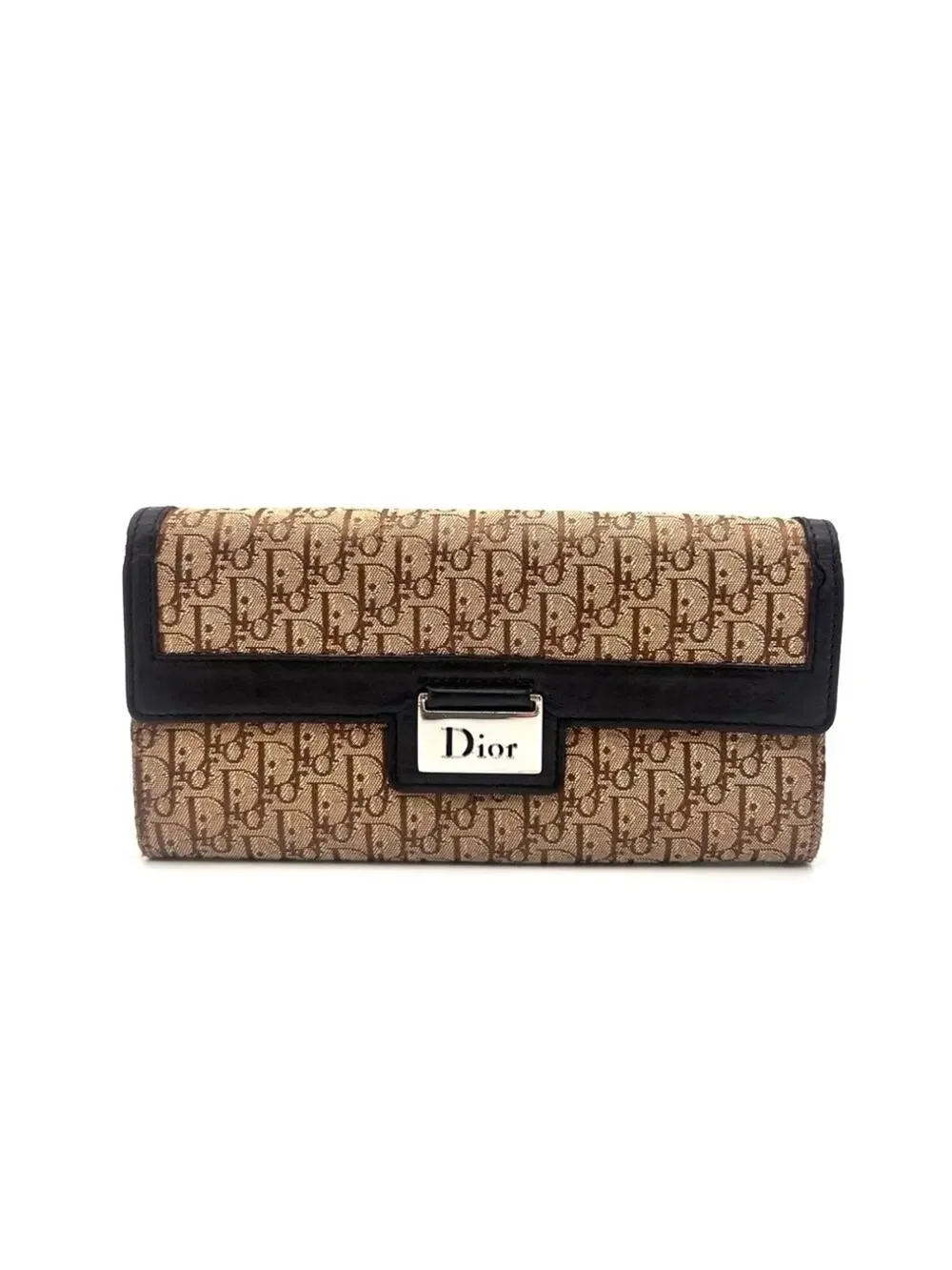 Authentic Christian DIOR Canvas x Leather Monogram Folding Long Wallet